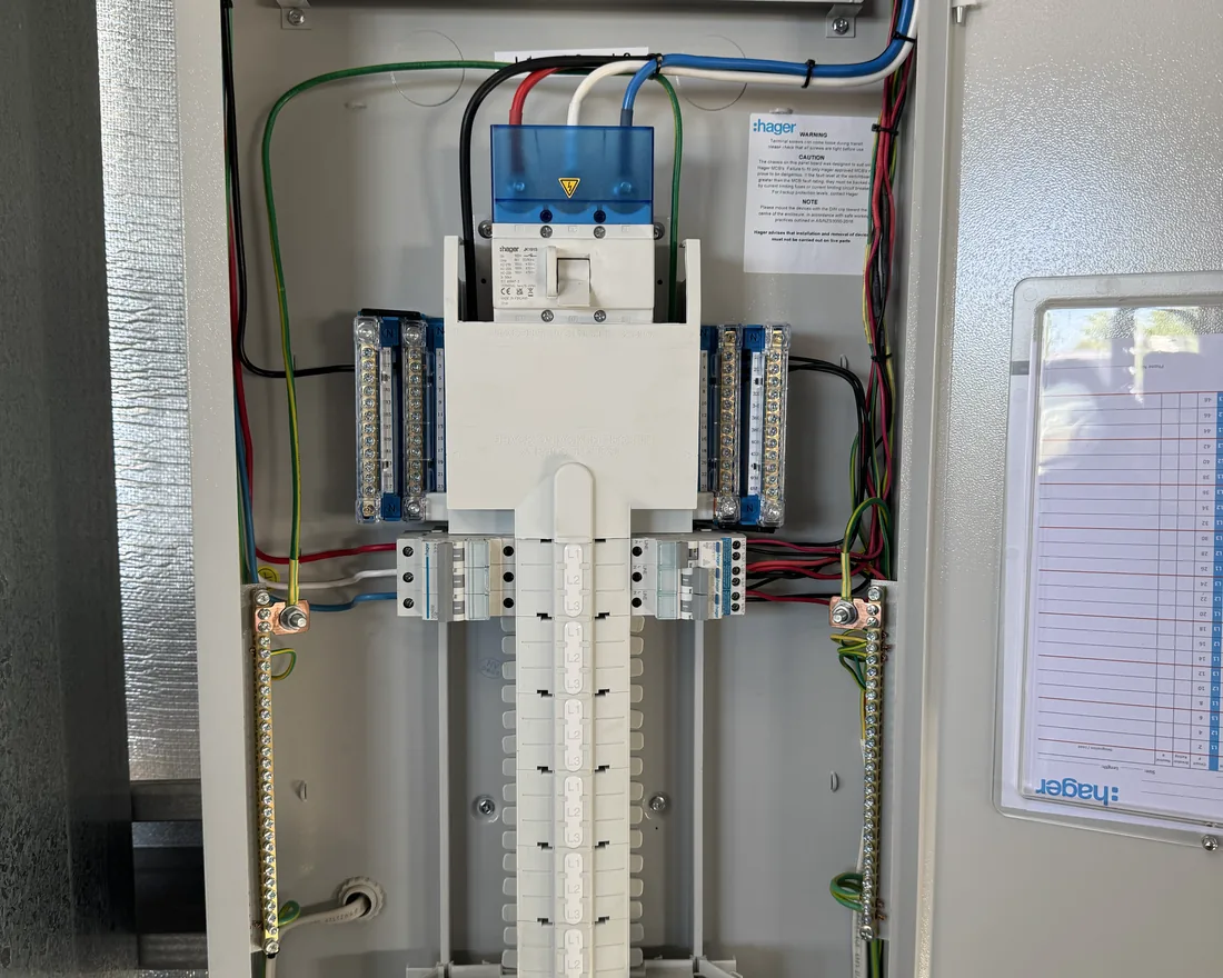 An open distribution board built by Switch'D, showing din-rail devices, colour-coded wiring and the circuit schedule